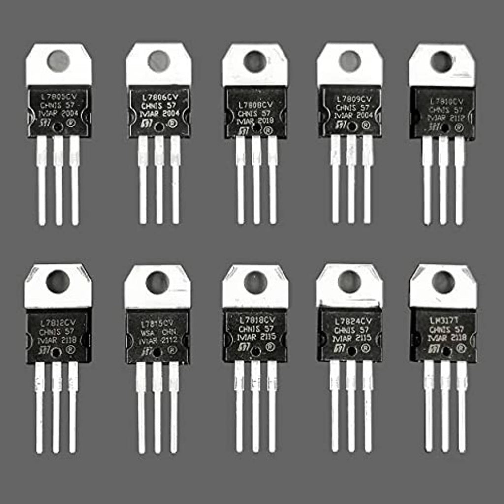 Set of 10 black voltage regulator ICs with metal tabs and three-pin leads