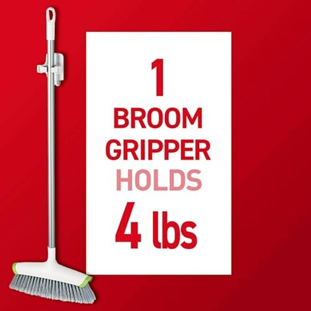 Broom gripper with white holder and gray clips, shown mounted on a broom handle