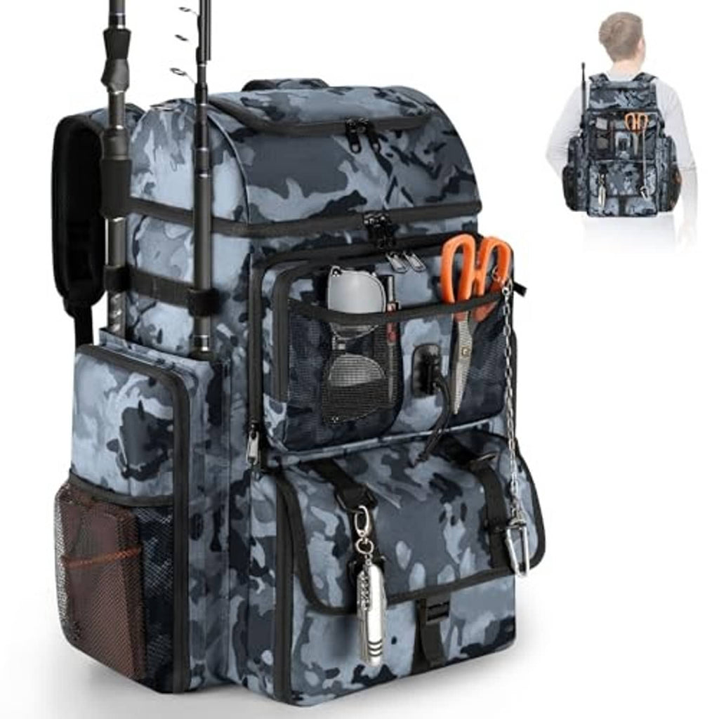 Camouflage fishing tackle backpack with rod holders and front organizer pocket with mesh panel