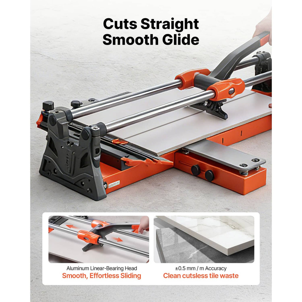 Manual tile cutter with sliding head and spring base, orange and black frame