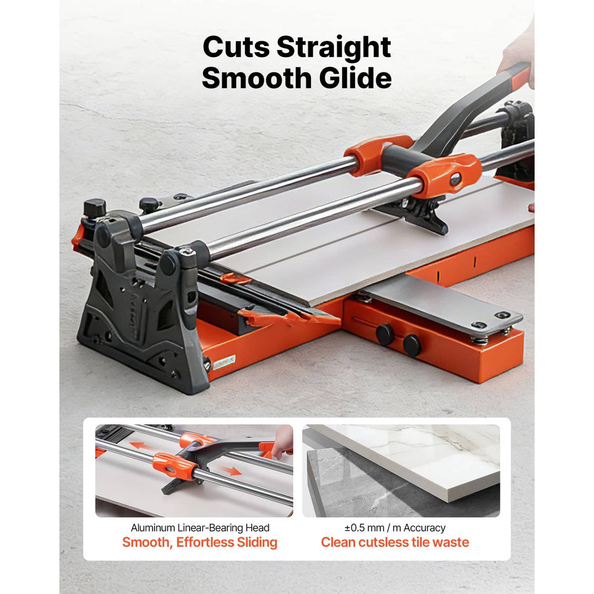 Manual tile cutter with sliding head and spring base, orange and black frame