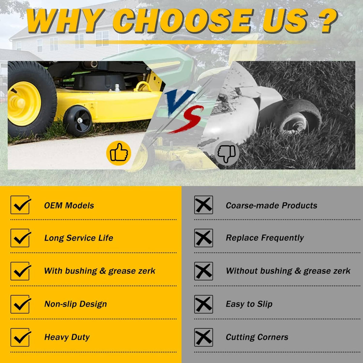 Black lawn mower deck wheel shown on a yellow mower base