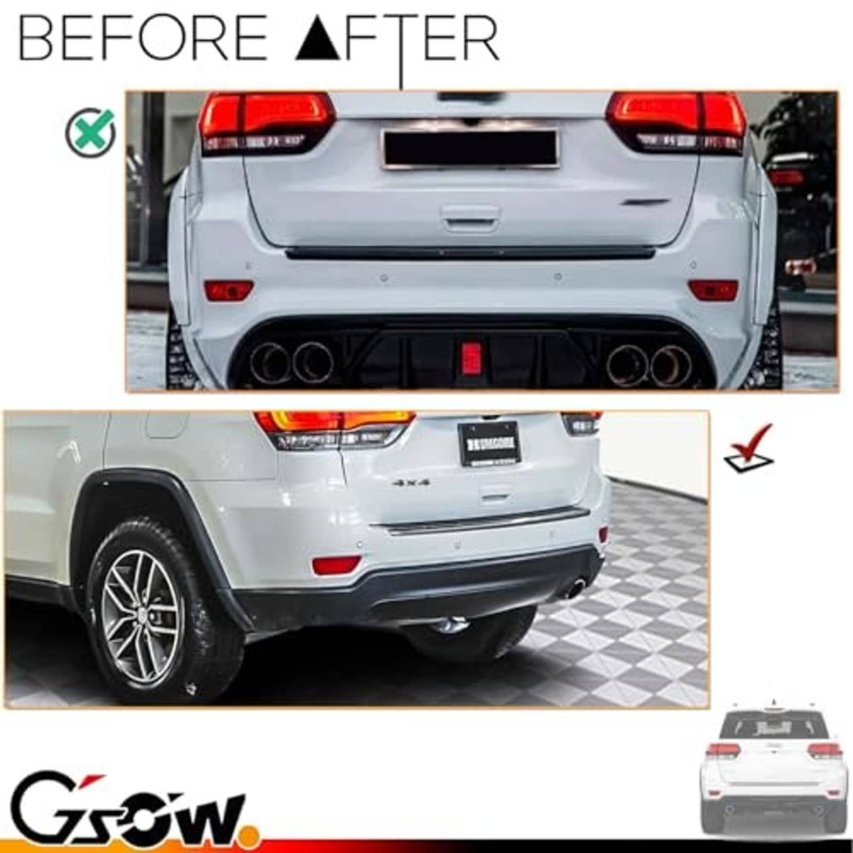 Before-and-after view of red rear reflector light covers on bumper
