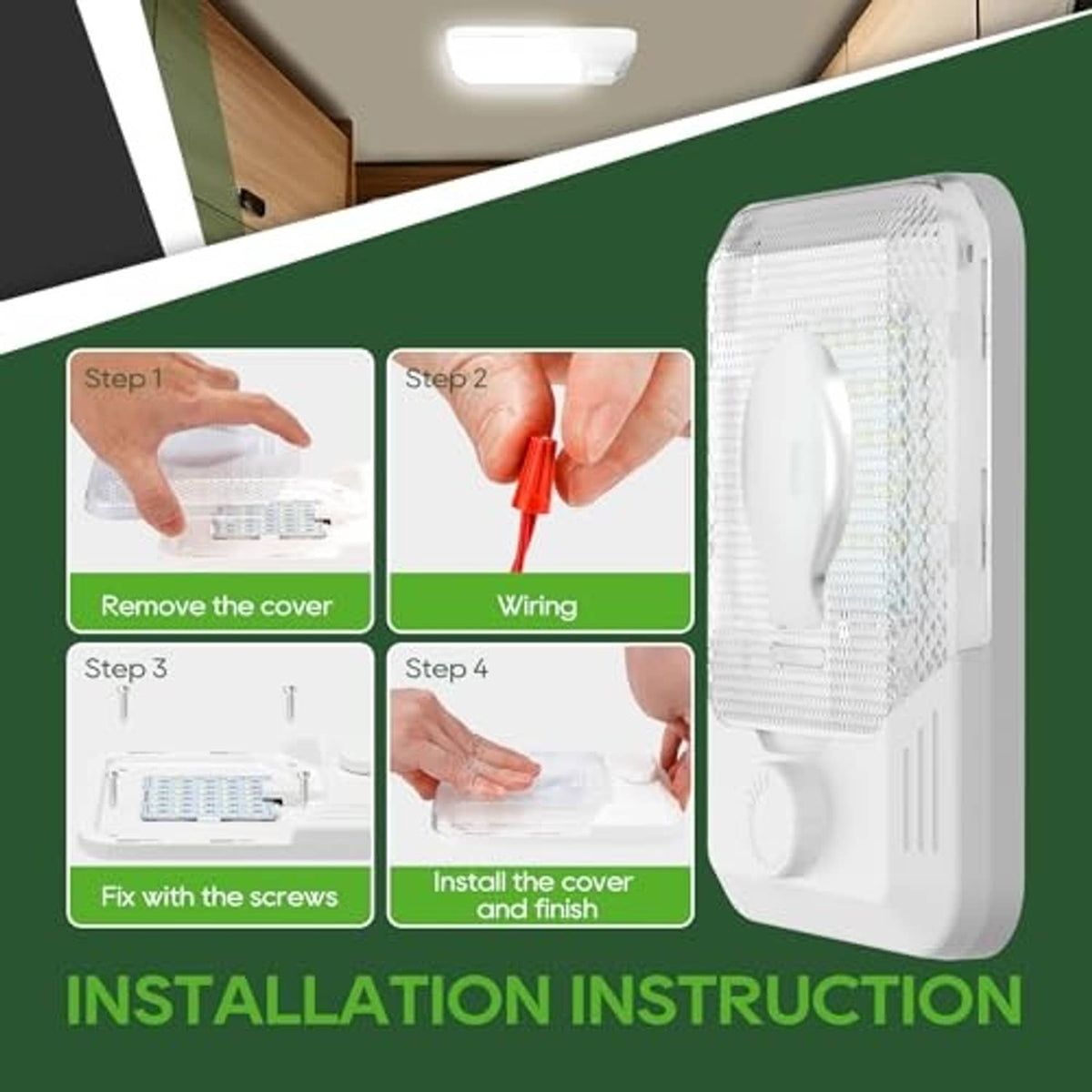 RV LED dome ceiling light with installation steps showing cover removal and screw fastening