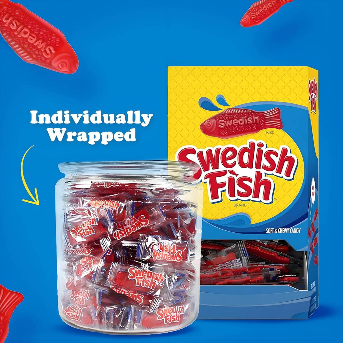 Individually wrapped Swedish Fish gummies in clear jar beside bulk candy box