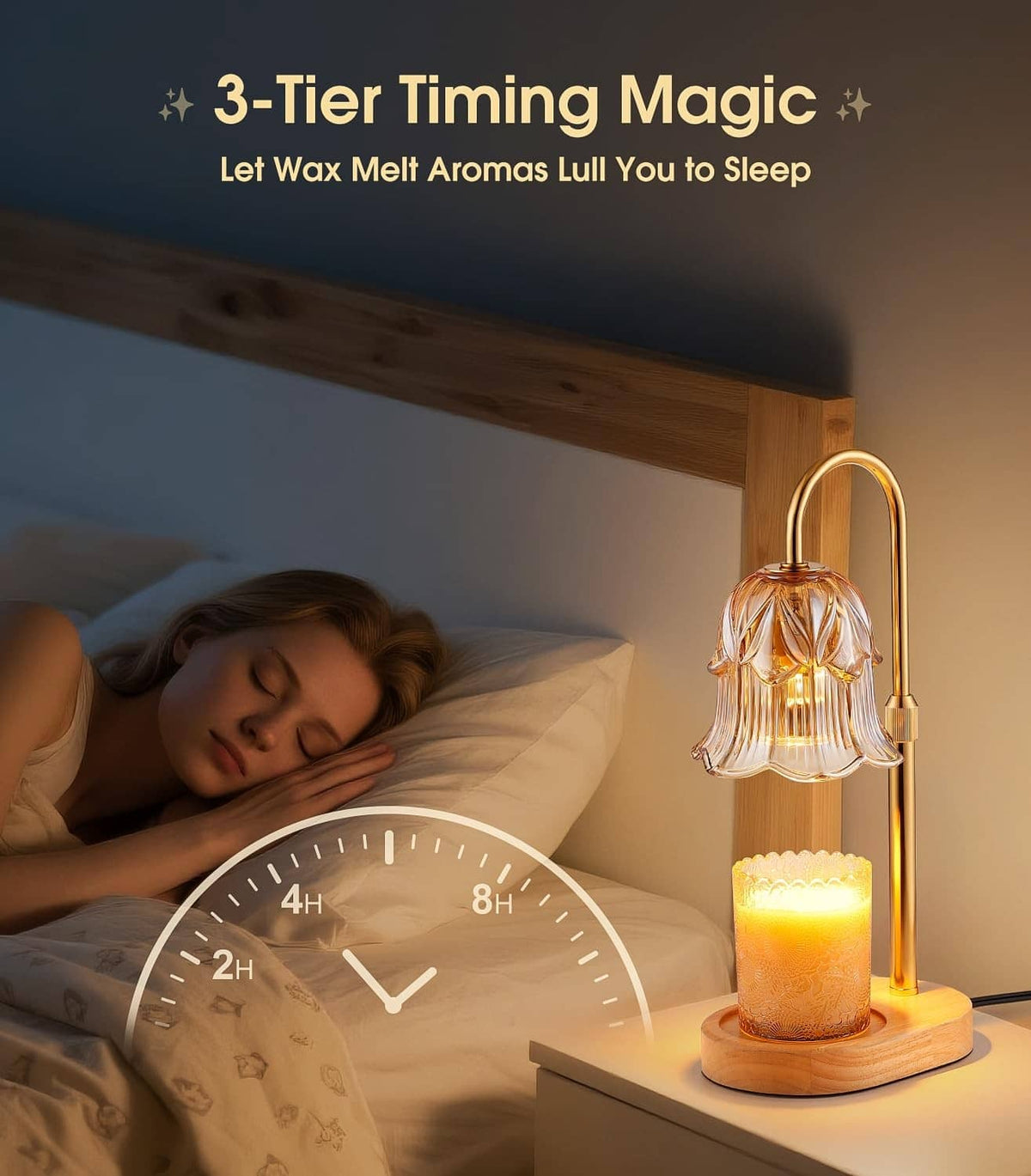 Electric candle warmer lamp with amber glass bell shade and glowing candle on nightstand