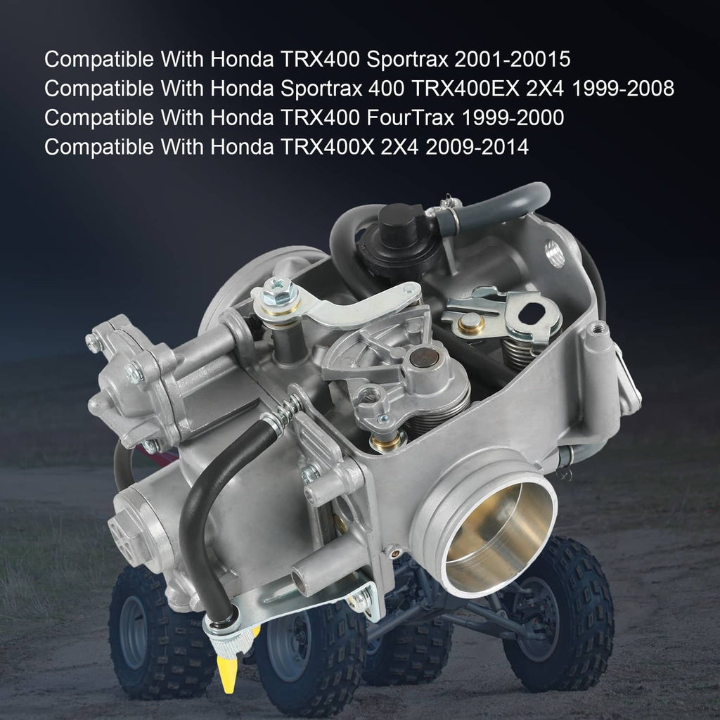 ATV carburetor mounted on engine intake, with silver body, black hoses, and yellow lever