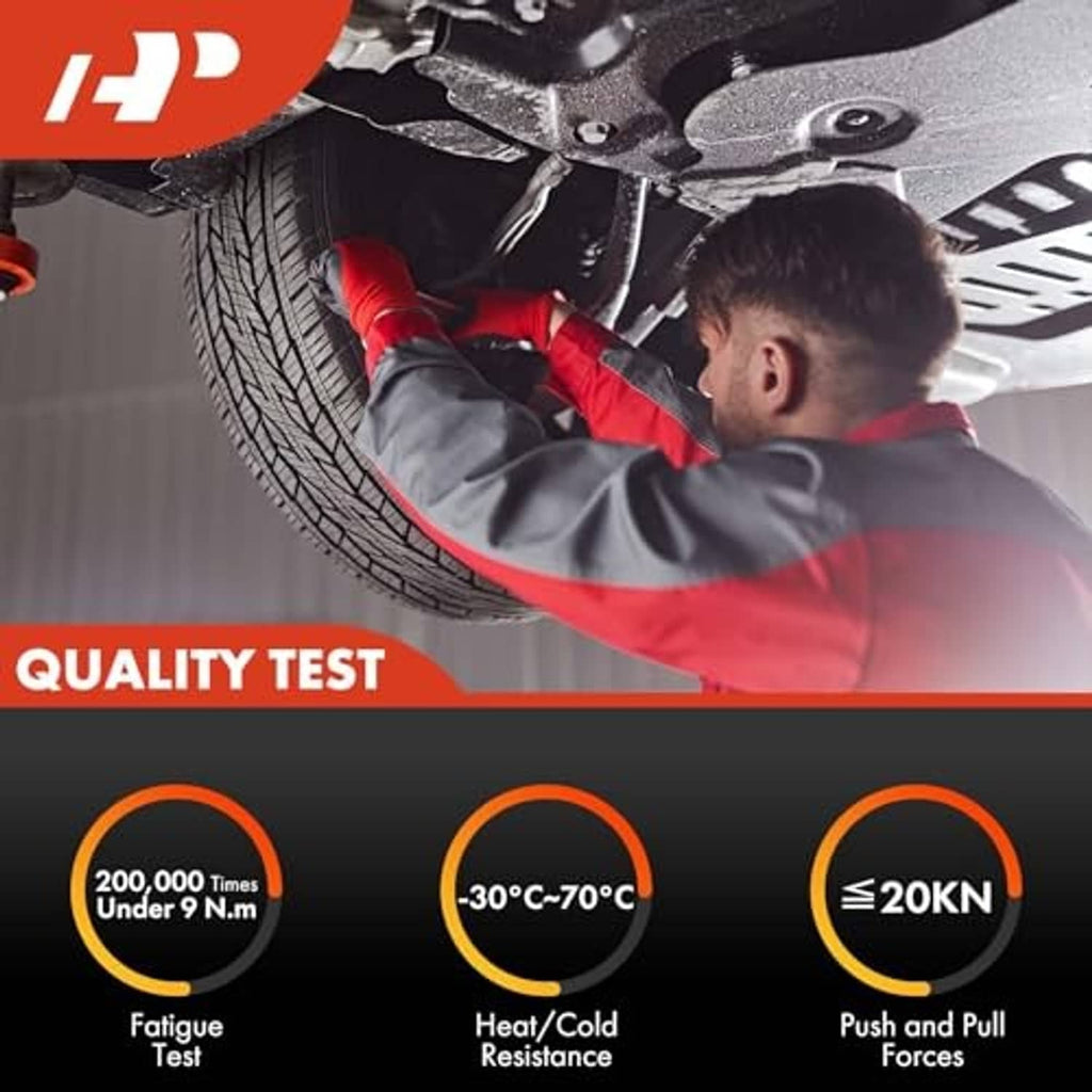 Mechanic checking a car's front suspension near the wheel during ball joint testing