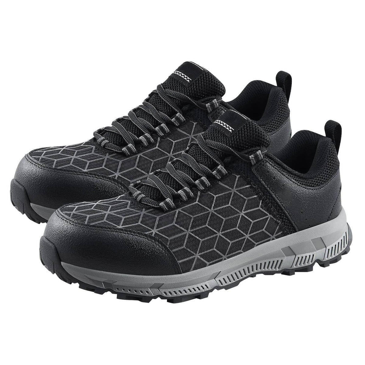Black lace-up work sneakers with geometric paneling, padded tongue, and rugged tread sole