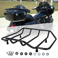 Black tubular luggage rack with side rails and mounting feet, shown with hardware.