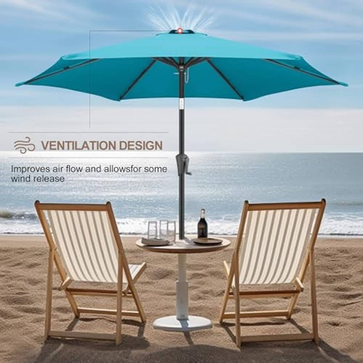 Aqua blue patio table umbrella open with vented canopy over beach table