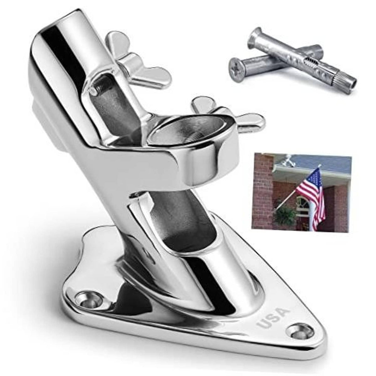 Polished stainless steel flag pole holder clamp with round base plate and mounting holes