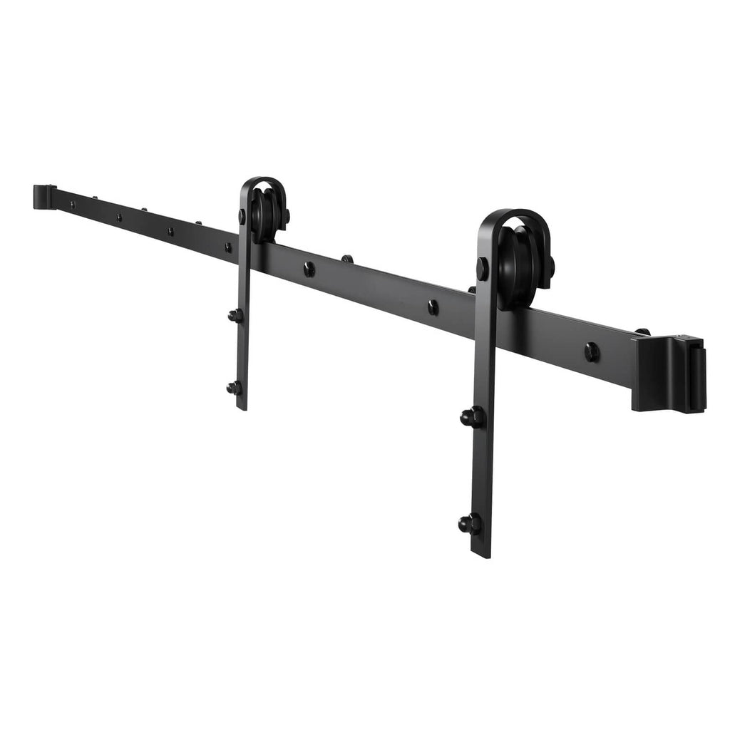 Black sliding barn door hardware track with rollers and hanging brackets