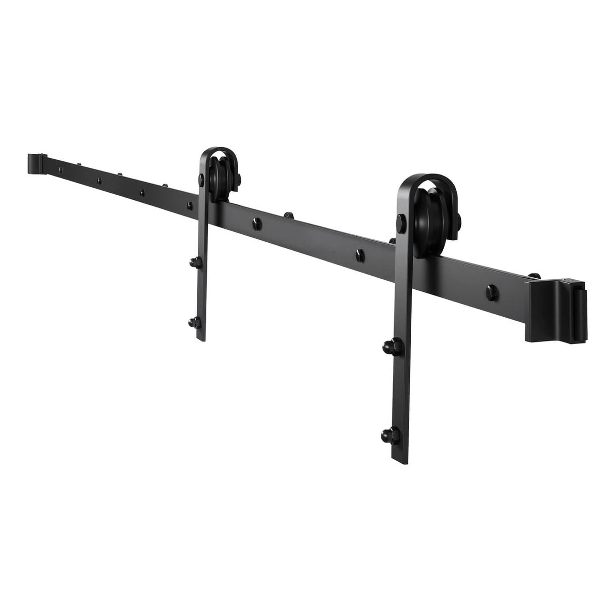 Black sliding barn door hardware track with rollers and hanging brackets
