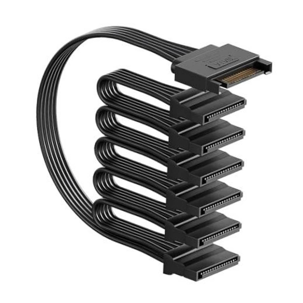 6-way SATA power splitter cable with stacked 15-pin input and five SATA power outputs