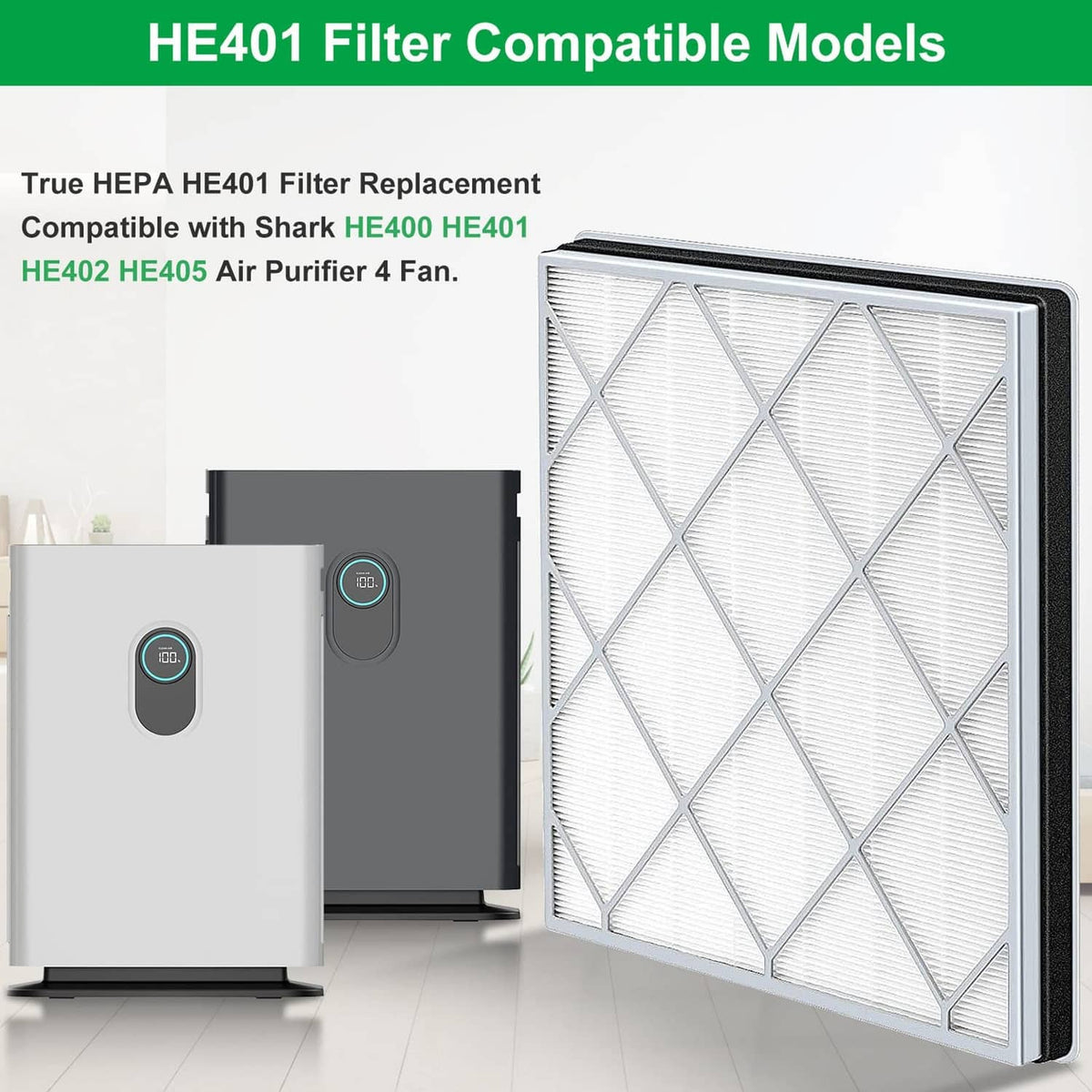 HE401 replacement filter panel in gray frame with white pleated HEPA-style media.