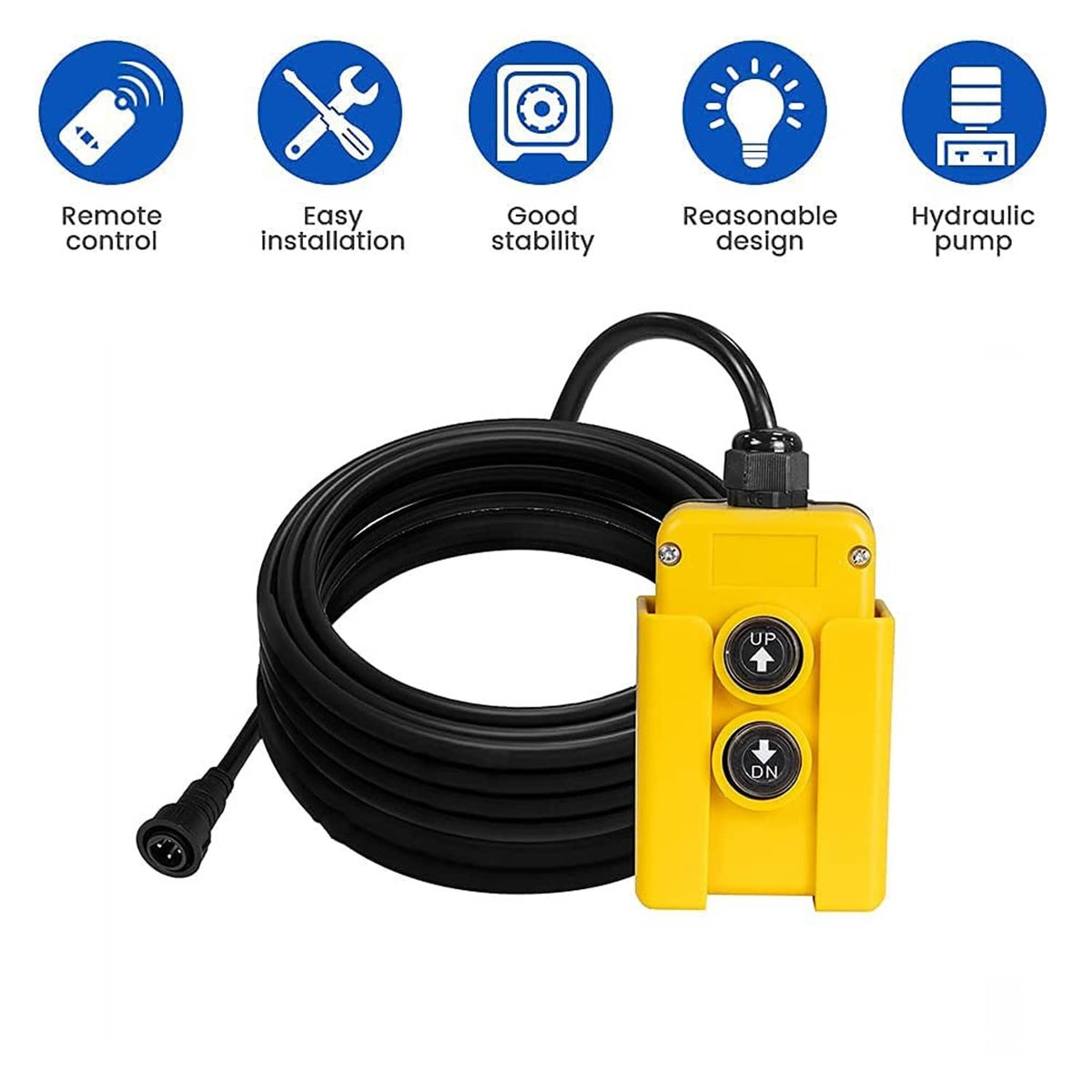 Yellow remote control switch with black cable loop and UP/DN buttons