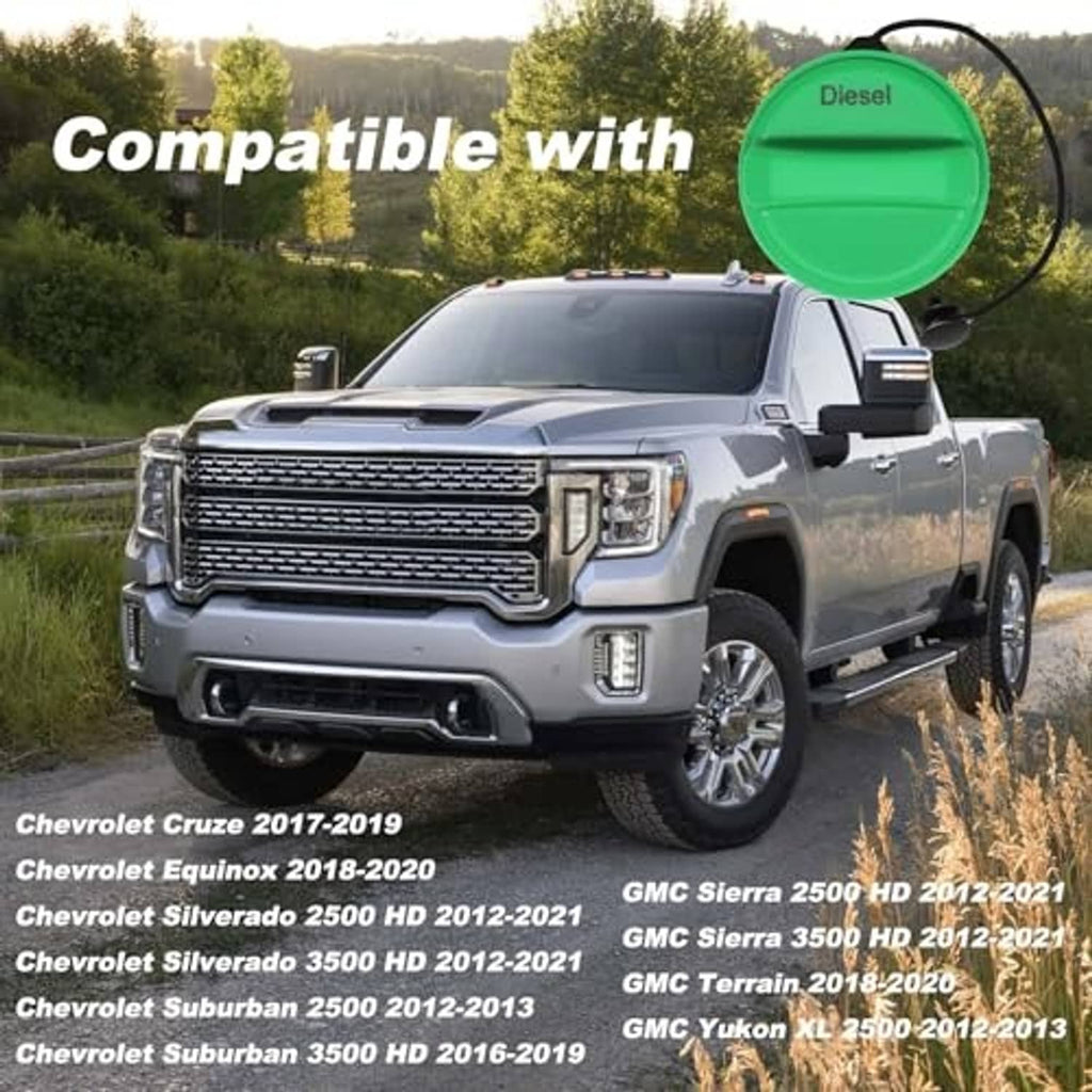 Green diesel fuel tank cap with black tether shown on a pickup truck