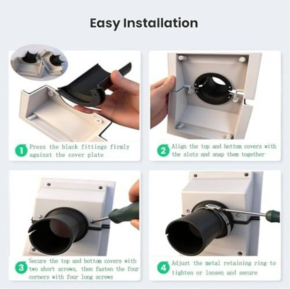 White wall cover kit with black pipe fitting and top/bottom cover plates
