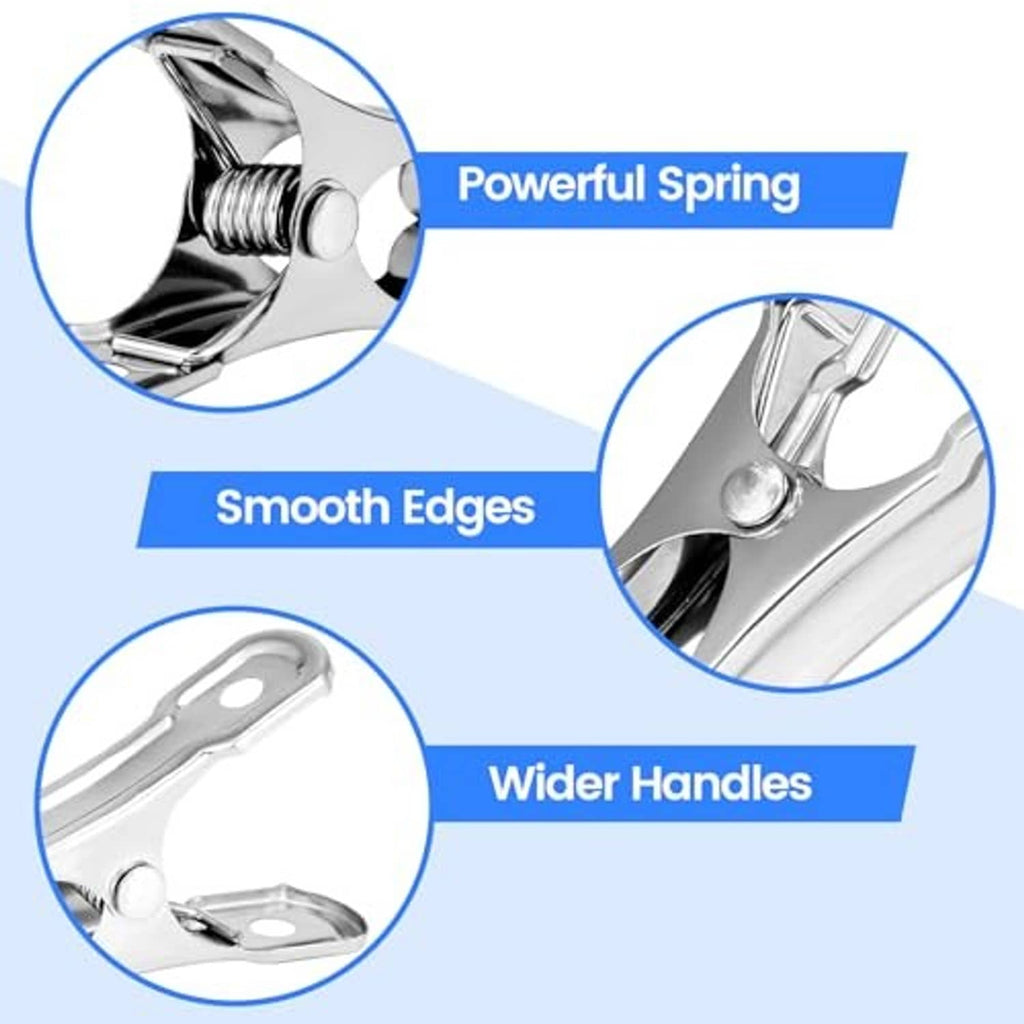 Stainless steel spring clamp with smooth edges and wider handles, close-up