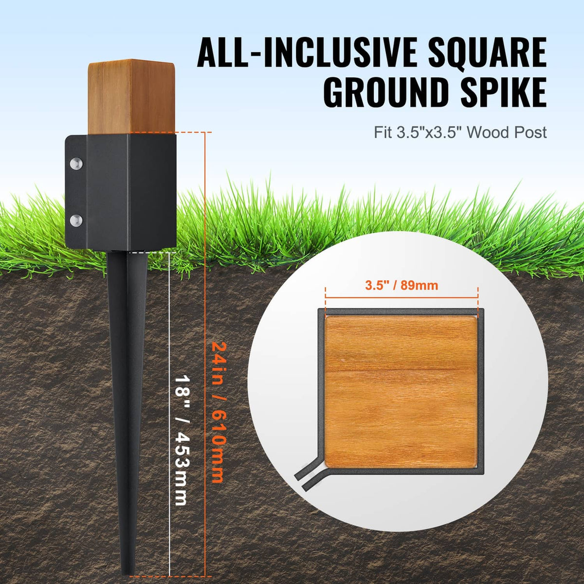 Square ground spike fence post anchor with mounting bracket for wood posts.