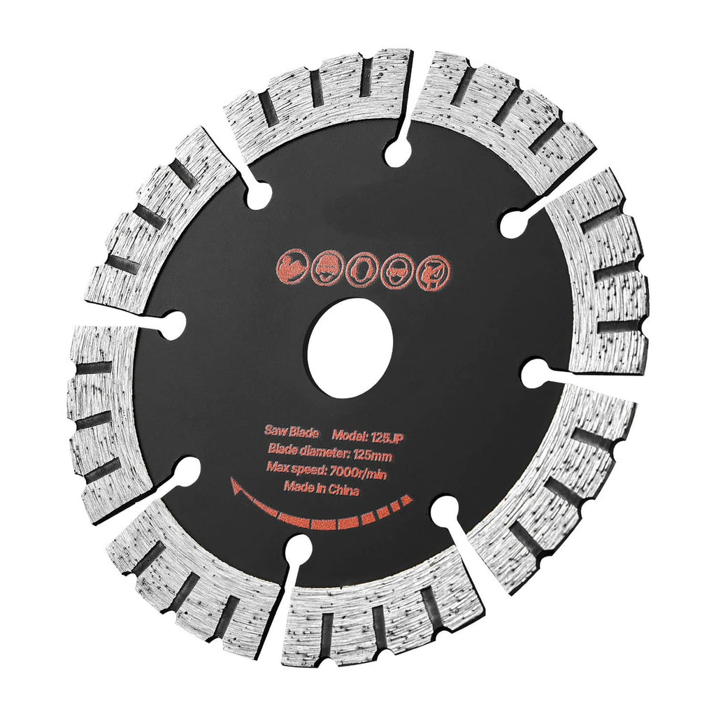 Diamond wall chasing blade top view with center hole and silver diamond segments