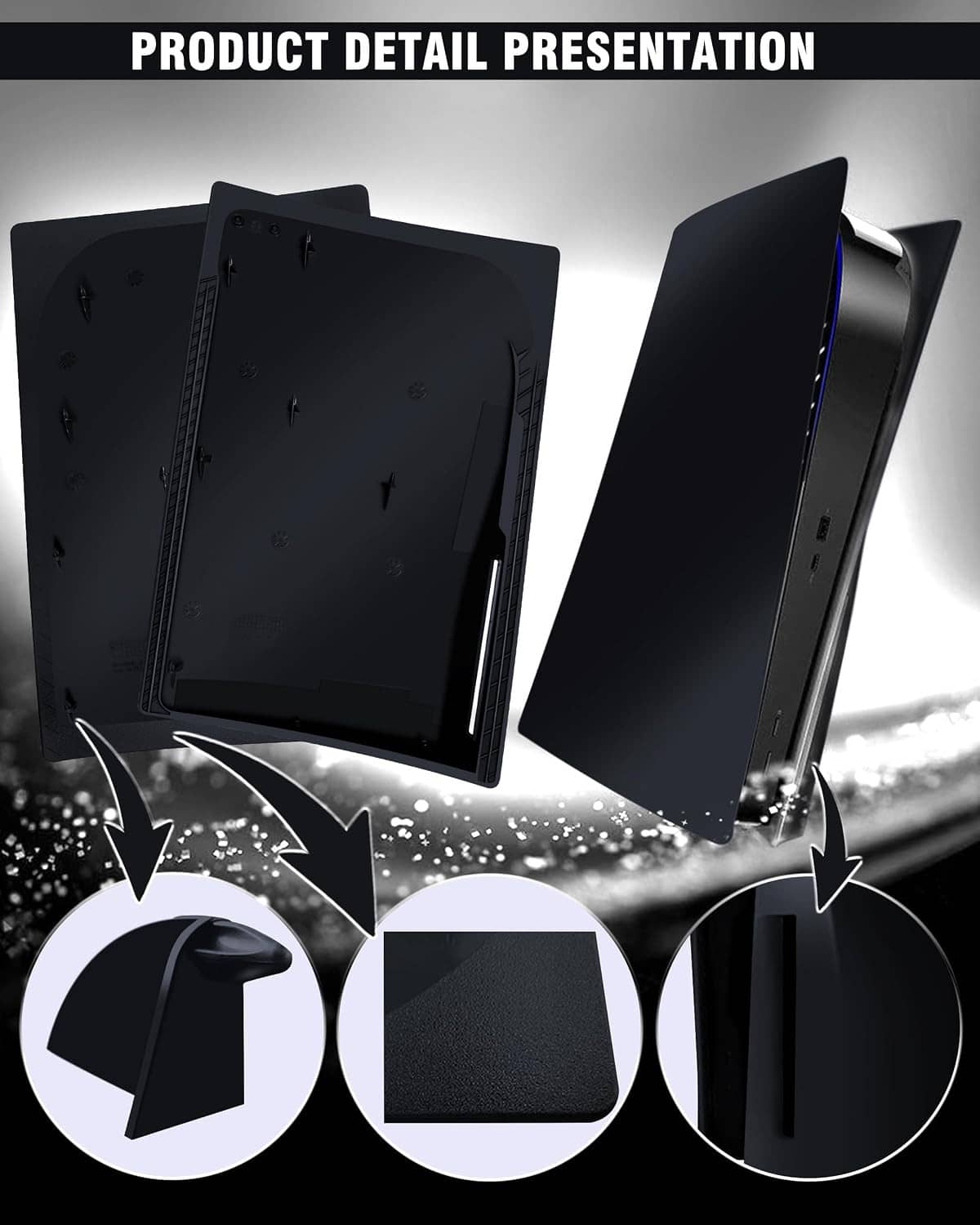 Black PS5 Disc Edition faceplate cover detail, anti-scratch dustproof style design