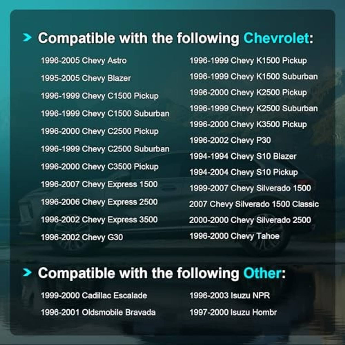 Crankshaft position sensor compatibility list for Chevrolet models (text panel)