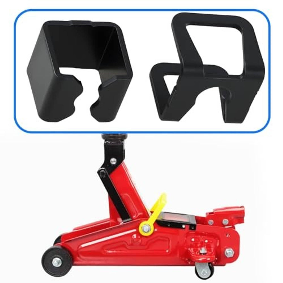 Black jack spare parts shown with red hydraulic floor jack body on underside.