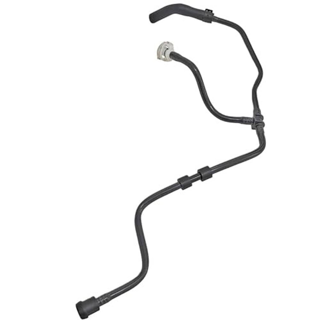 Black radiator coolant reservoir tank hose with multiple bend sections and fittings