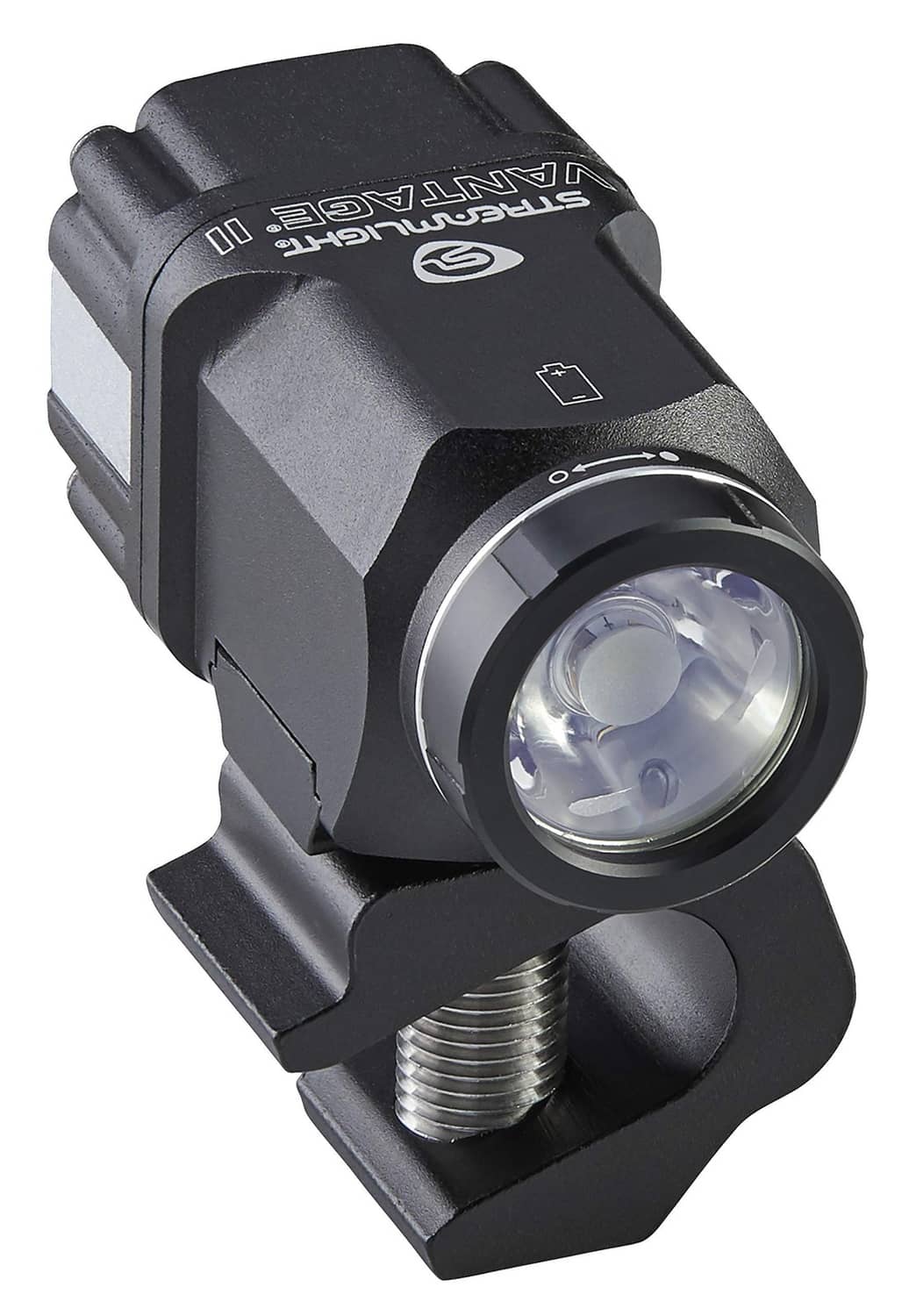 Black hands-free flashlight head with control dial and front LED lens