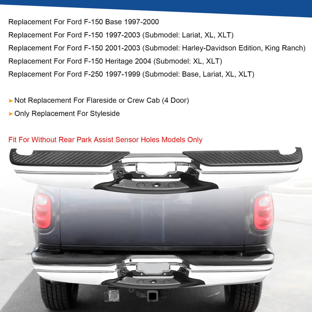 Rear step bumper with chrome trim, black textured step pad, and integrated license area