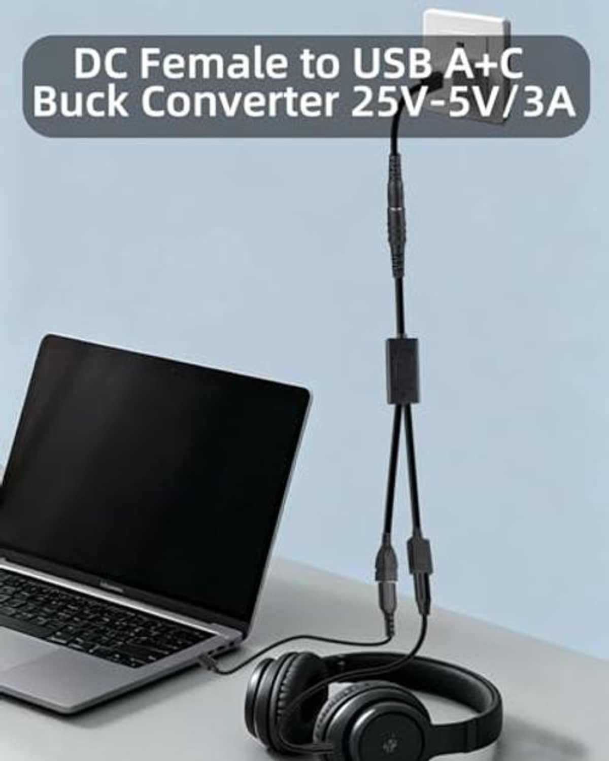 DC buck converter adapter with dual USB-A and USB-C ports and DC input cable