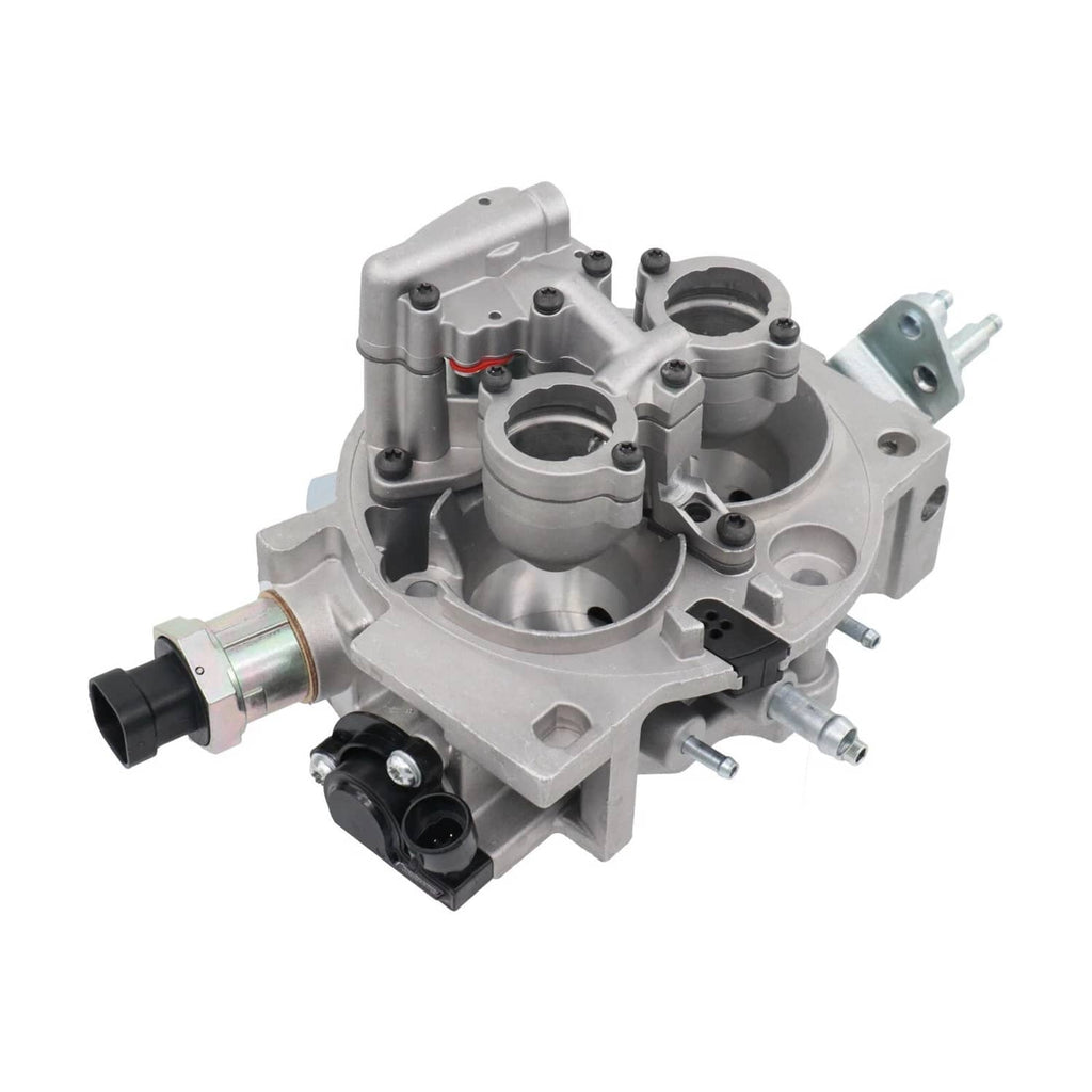Throttle body with fuel injector, silver assembly with throttle bores and sensor plugs
