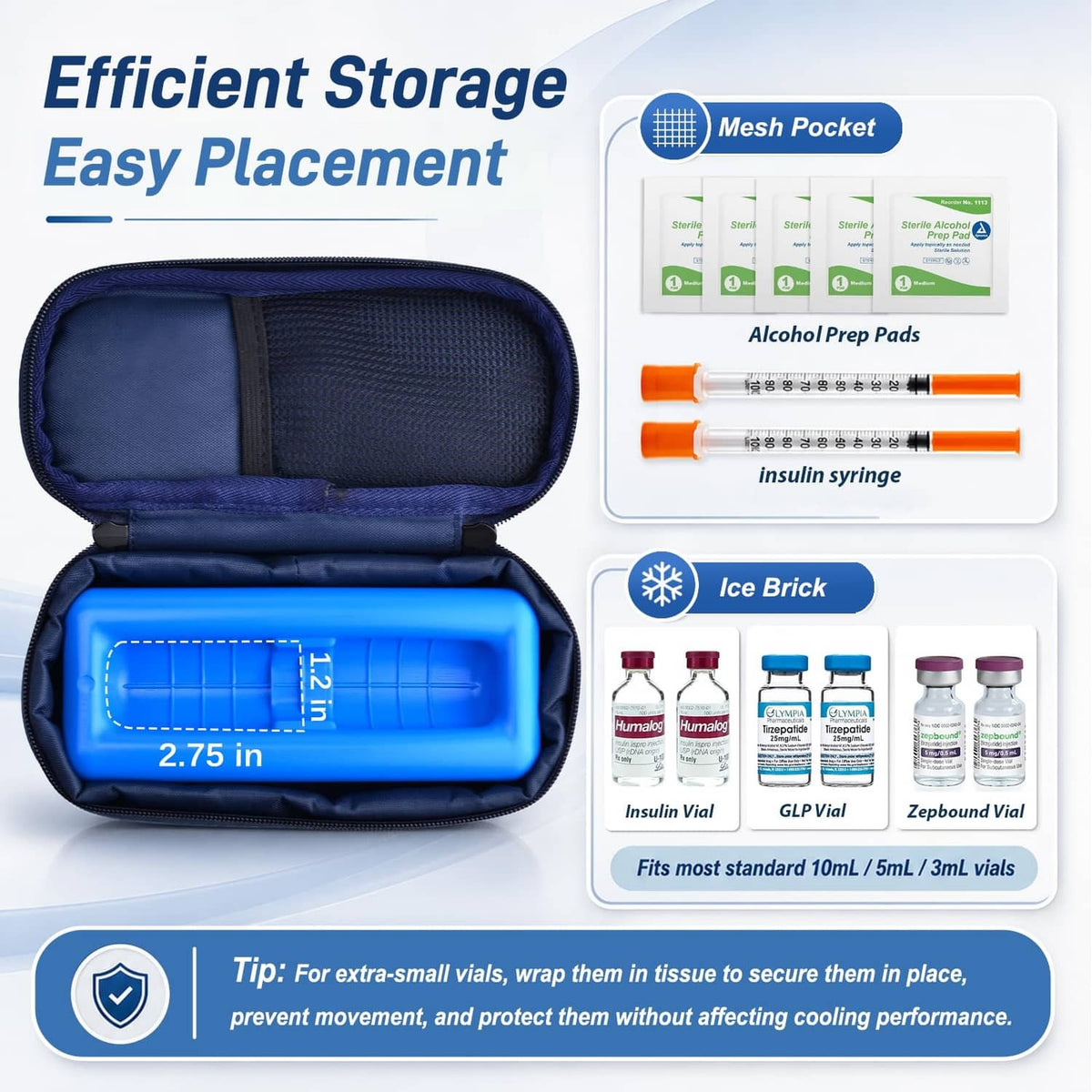 Open navy blue insulin cooler case with mesh pocket, ice brick tray, and vial slots