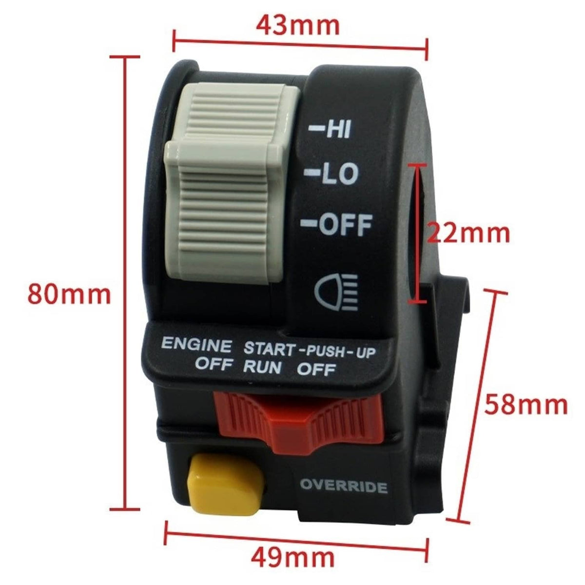 Left handlebar engine control switch with dimensions, black body, grey HI/LO knob, red and yellow