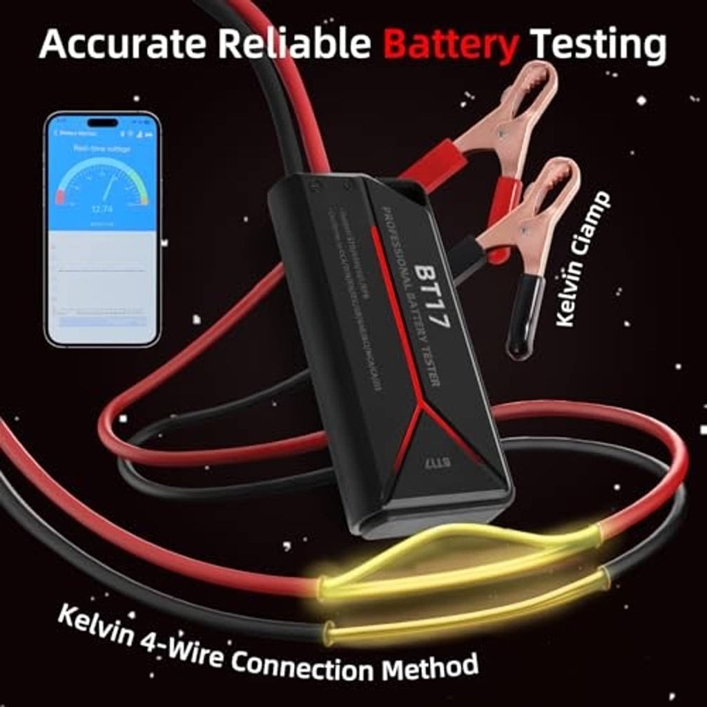 BT17 battery tester with red and yellow 4-wire leads and clamp clips