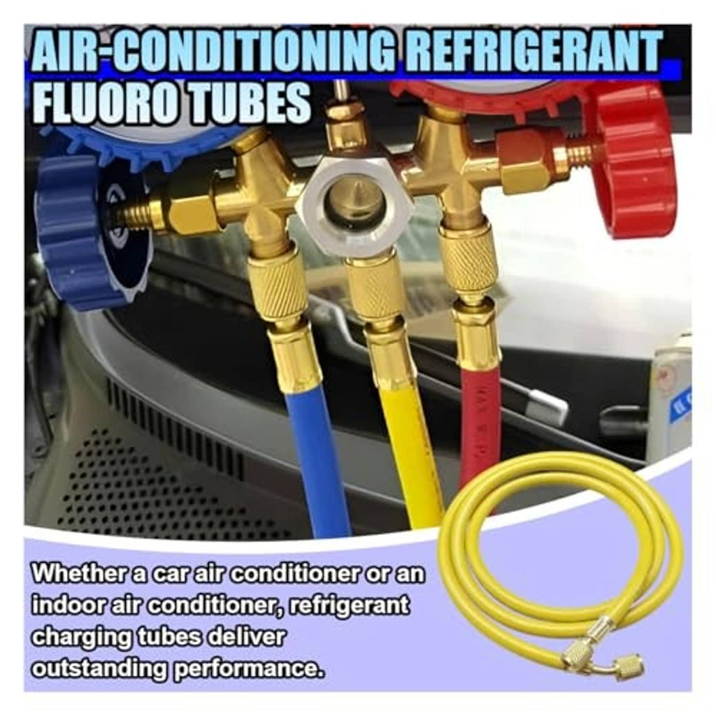Yellow refrigerant hose with brass couplings near manifold valves
