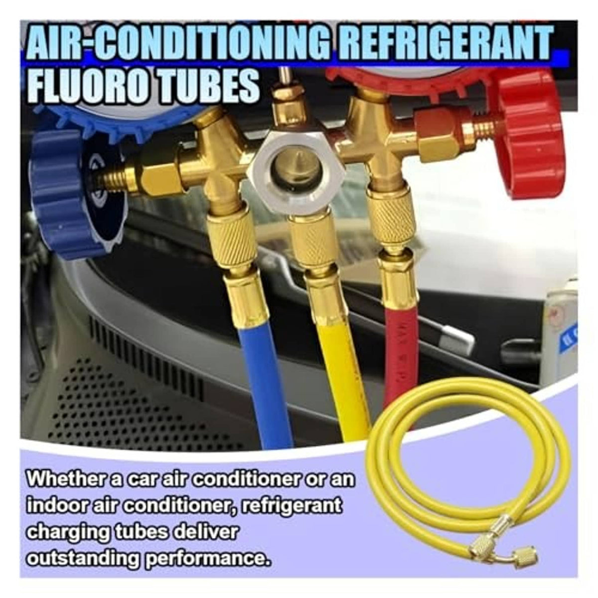 Yellow refrigerant hose with brass couplings near manifold valves