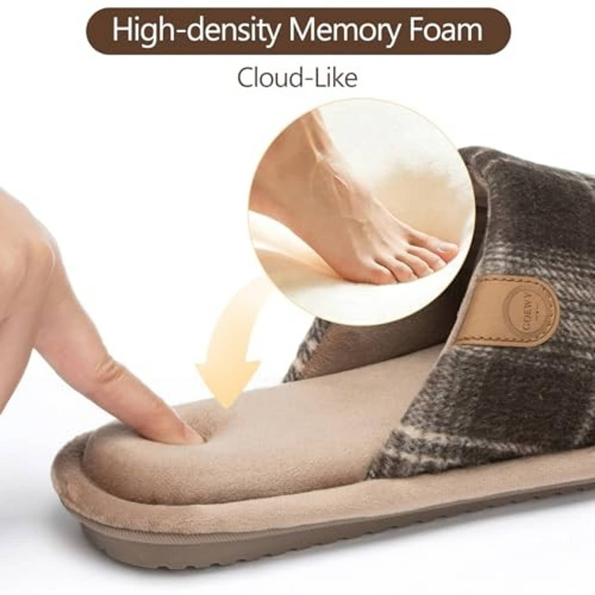 Brown plaid open-toe slippers with thick sole and cushioned padded footbed