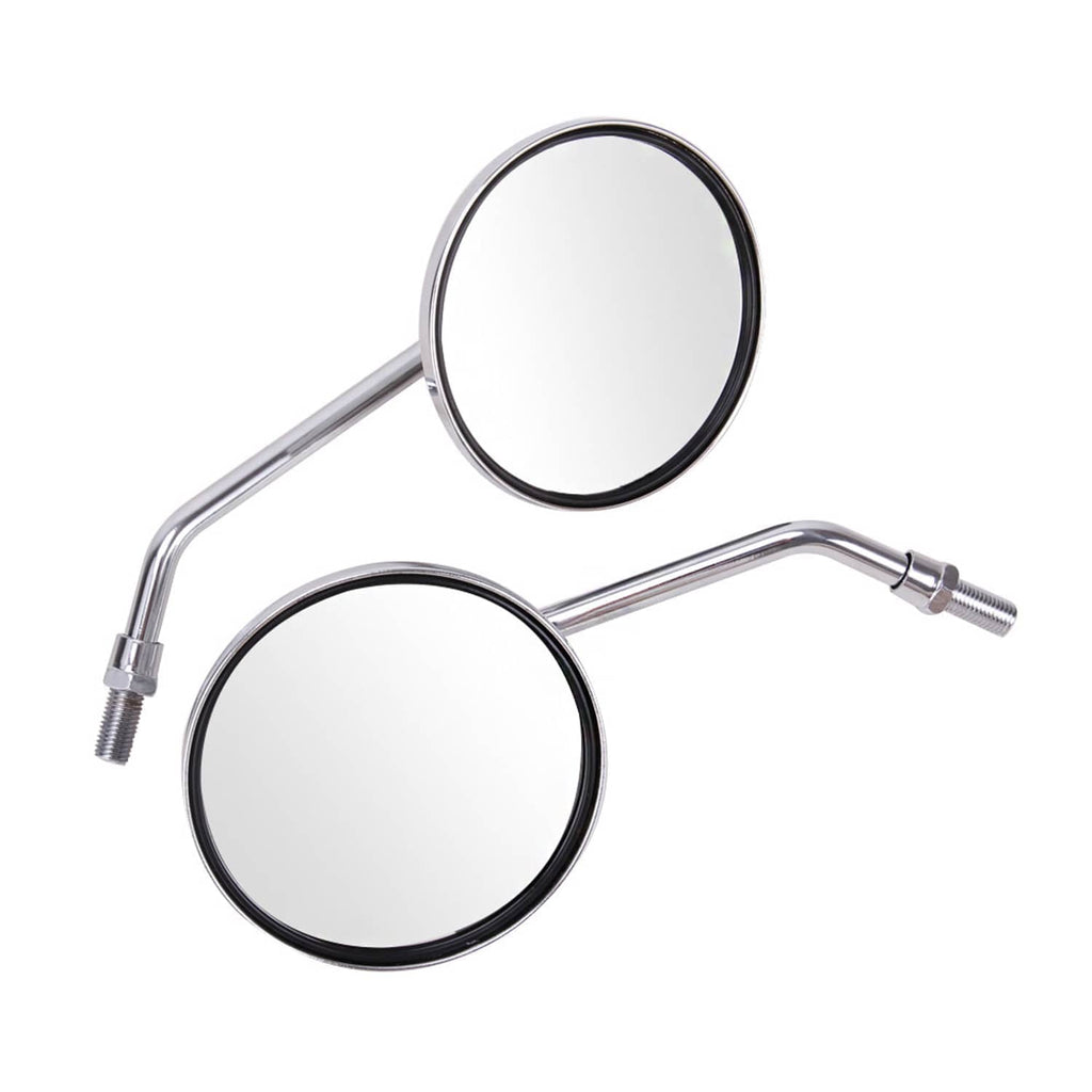 Pair of chrome circular motorcycle mirrors with black rim and angled metal support arms