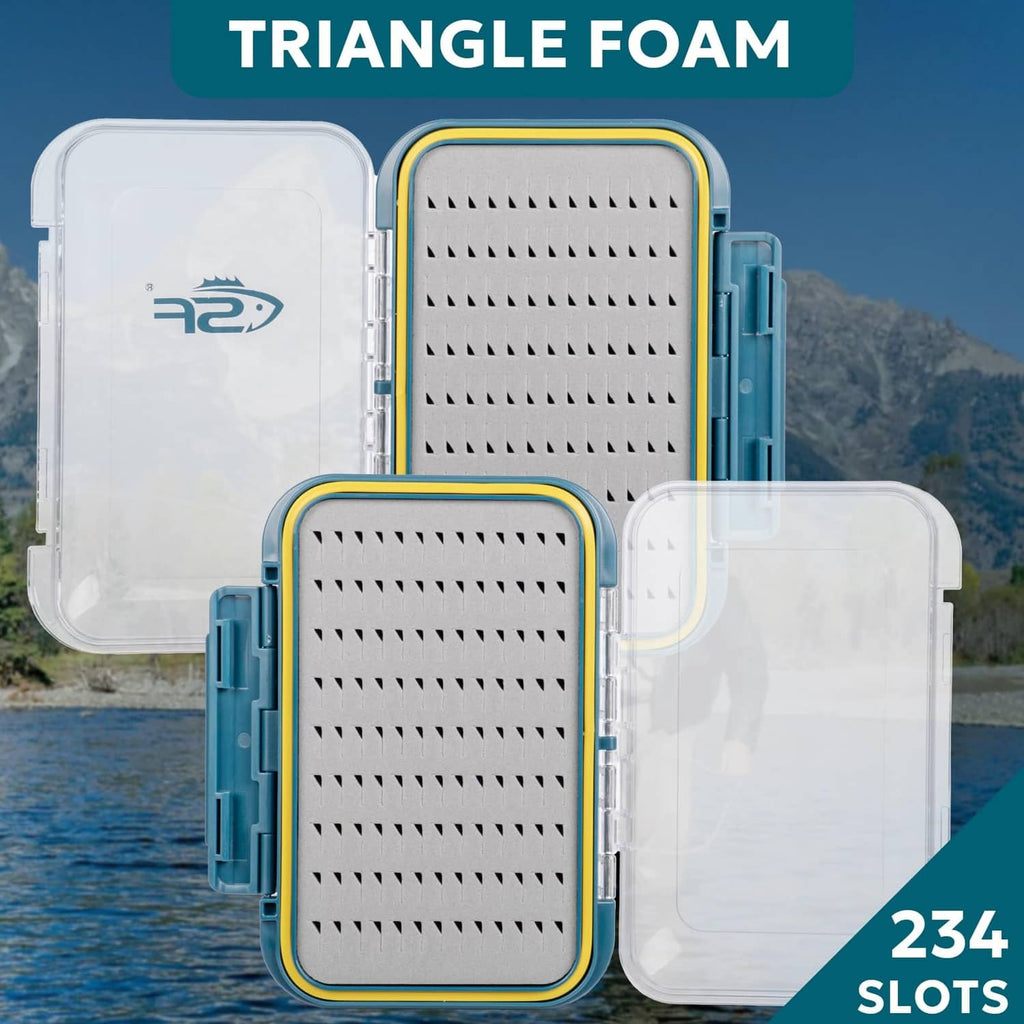 Large fly box with triangle-foam insert, clear lids, and blue/yellow trim with many slots