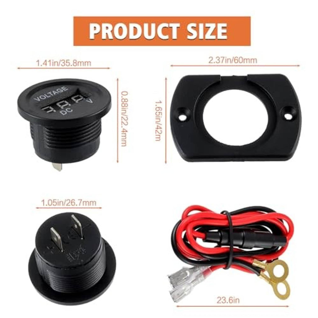 Black panel-mount voltmeter with red LED reading and mounting dimensions diagram