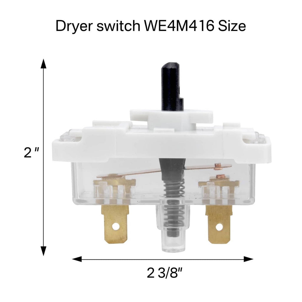 White dryer switch assembly with black push actuator, gold contacts, and central spring
