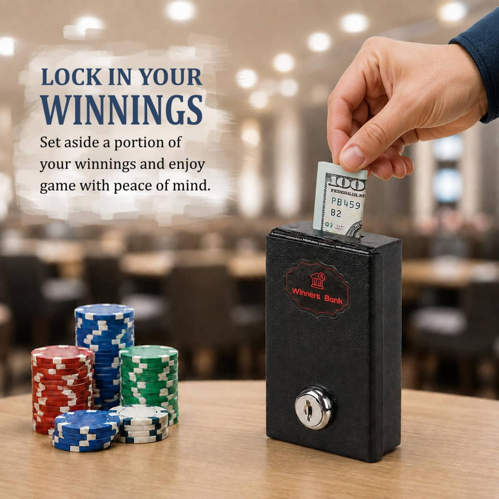 Black metal money box with key lock, lid open while inserting a banknote