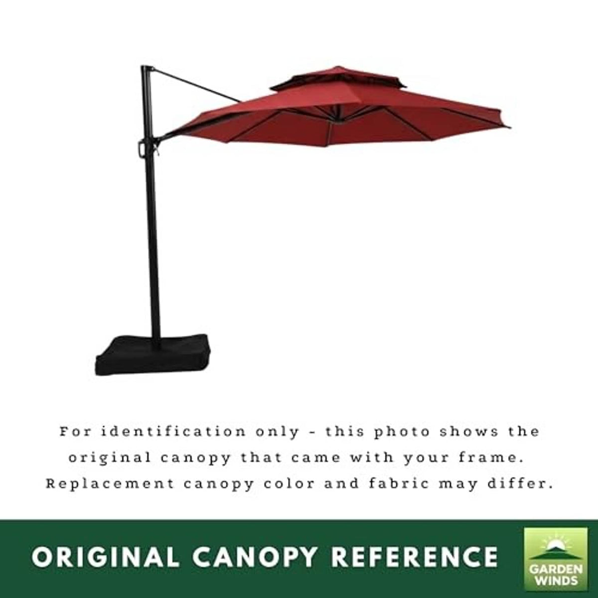 Red replacement umbrella canopy on black stand base with pole and mounting bracket