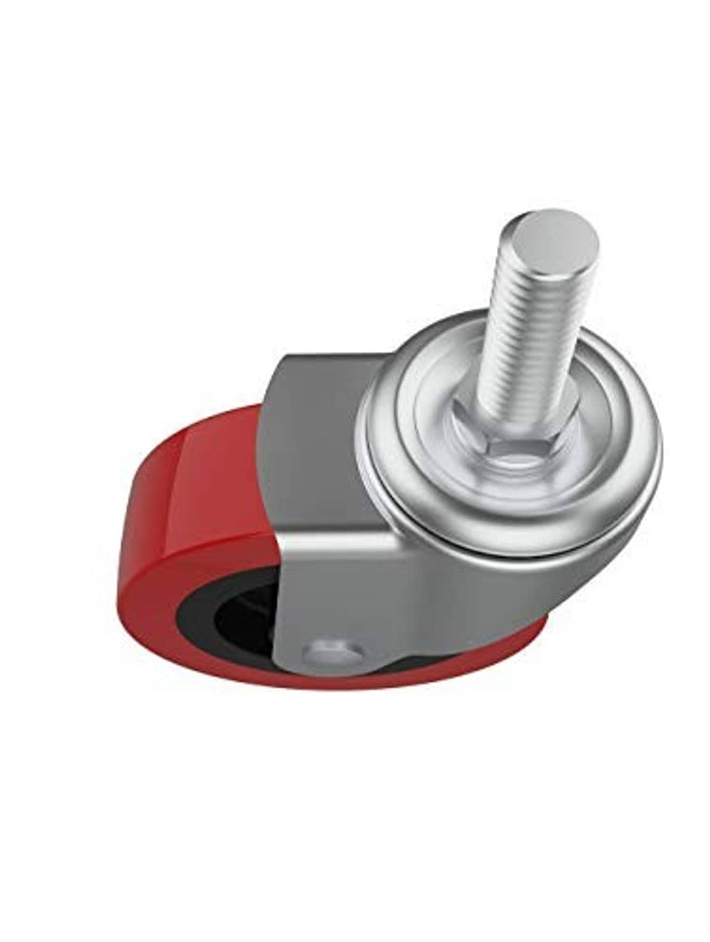 Close-up swivel caster wheel with red outer rim, black tread, and silver mounting stem