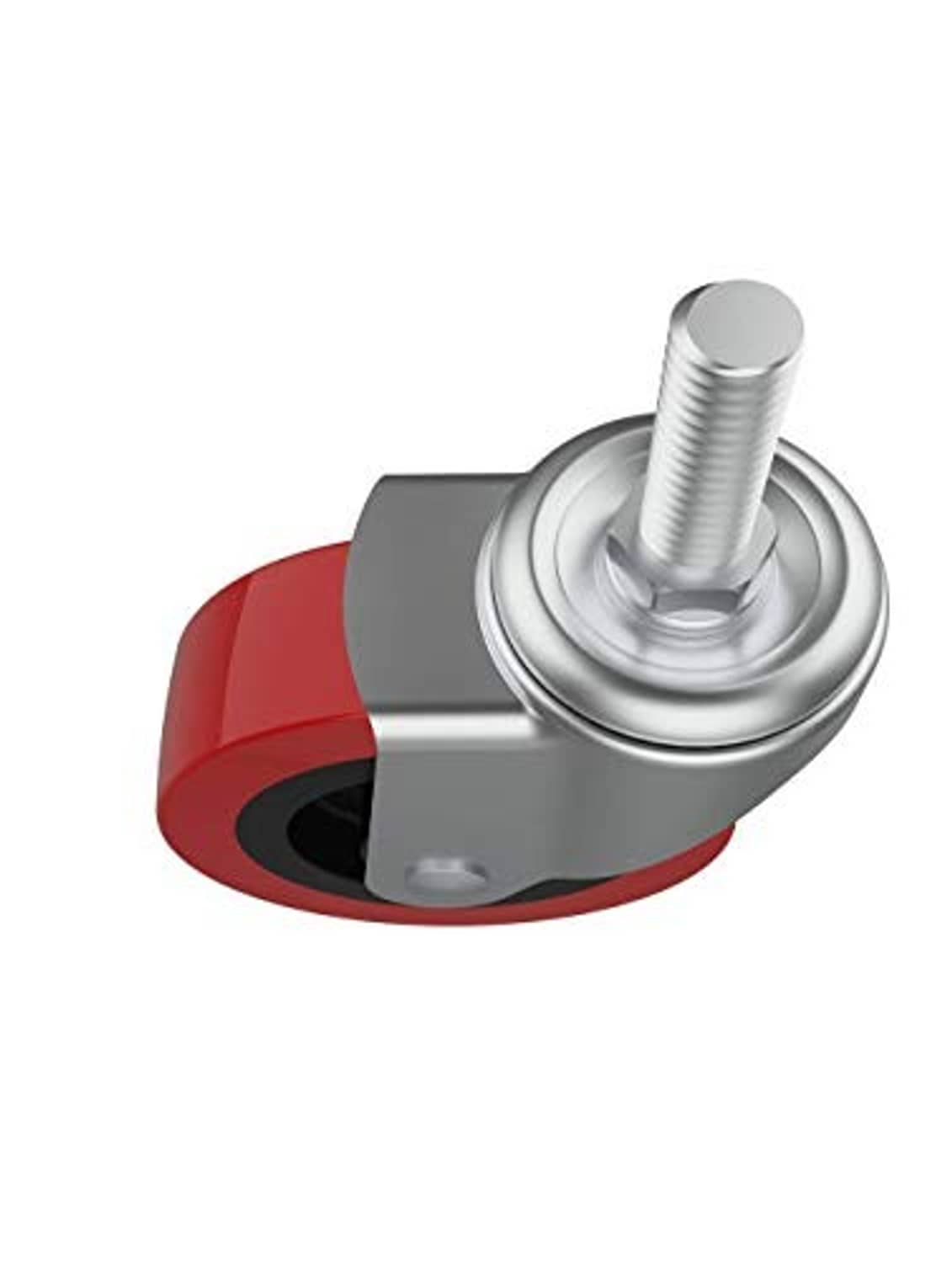 Close-up swivel caster wheel with red outer rim, black tread, and silver mounting stem