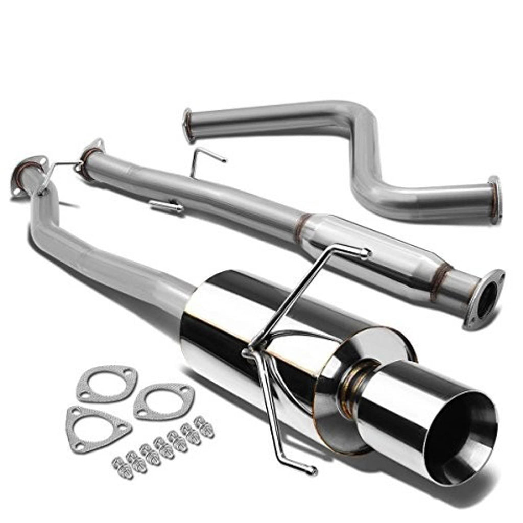 Cat-back exhaust kit with stainless pipes, muffler, and mounting brackets