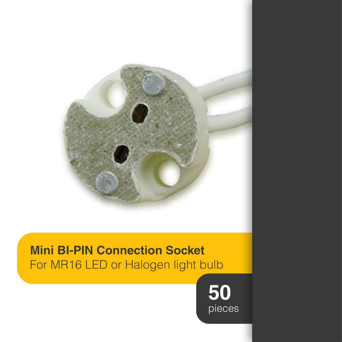 Mini bi-pin connection socket adapter with two-pin contacts and attached white wire leads